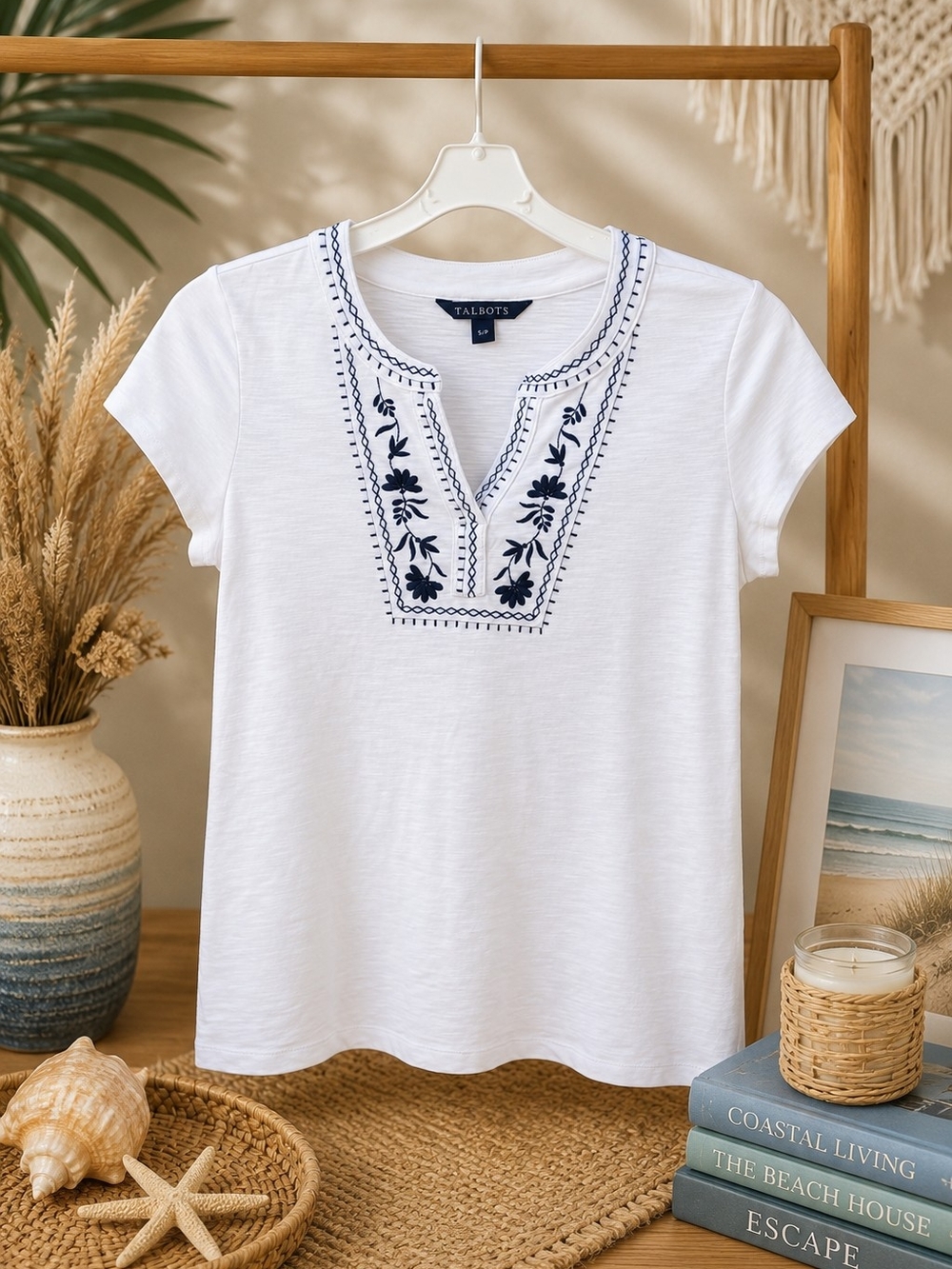 Talbots Embroidered Floral Top Small White Cottagecore Boho Stretch Shirt Tee